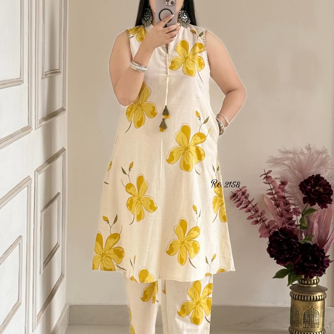 Pretty floral pant set Cotton khadi Kurti with palazzo Set