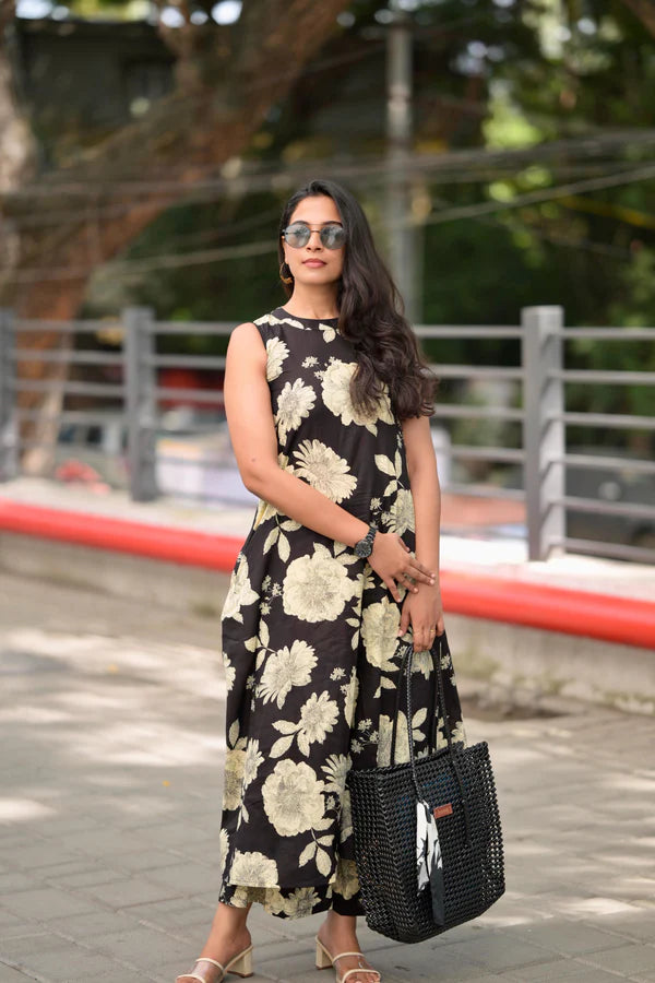 Taara - black - halter neck A line cotton kurta set in black