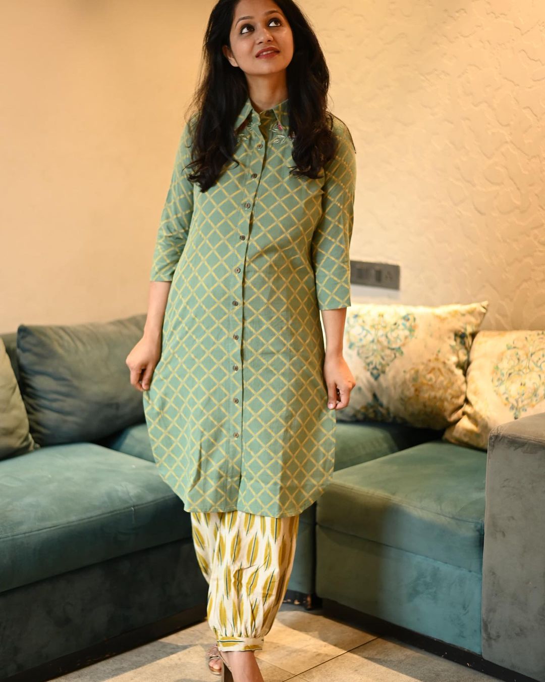 Women cotton pathani suit with shoulder embroidery and patiyala
