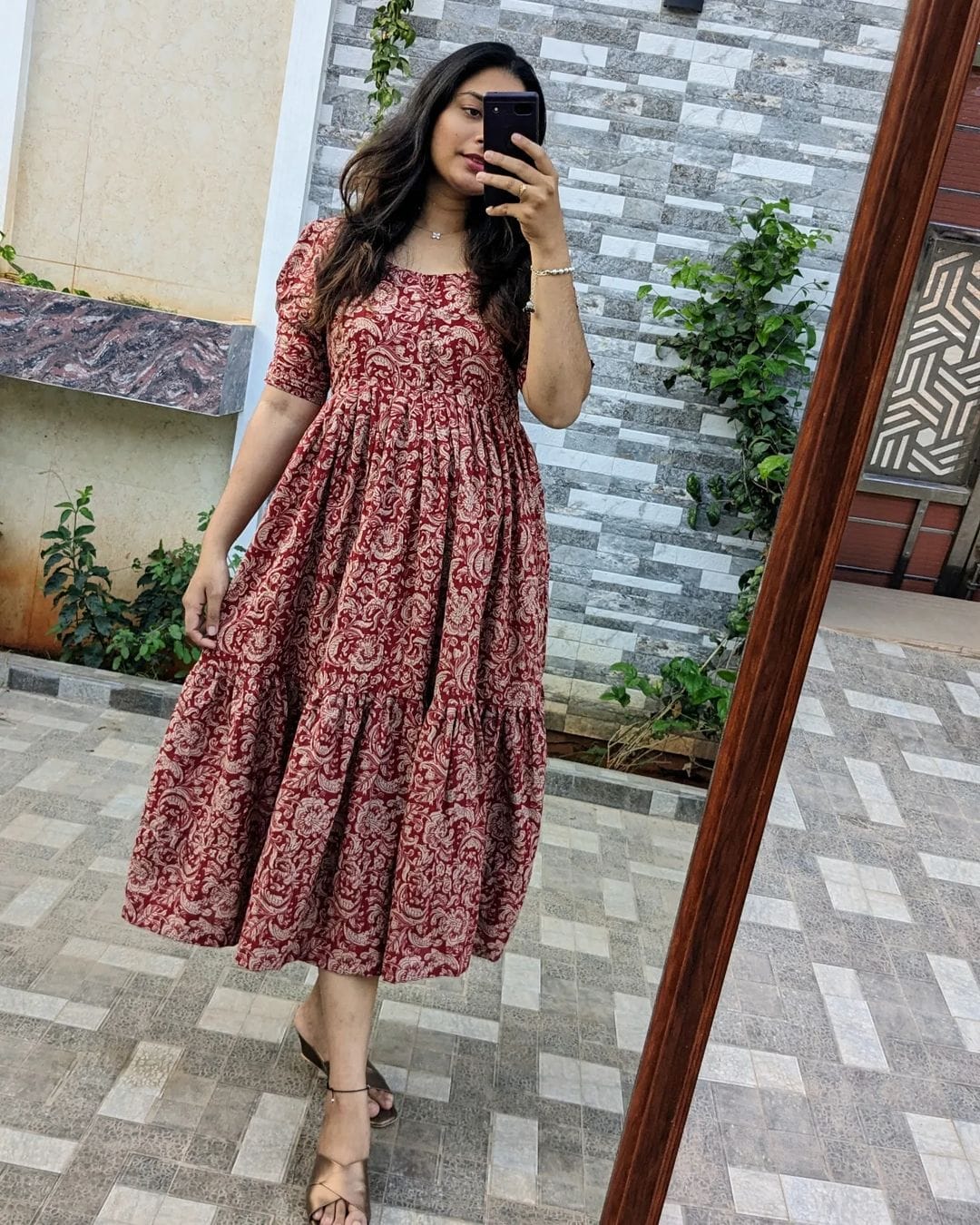 Women Beautiful Printed Full Flair Middi Gown With Pottli Buttons Gown Women Beautiful Printed Full Flair Middi Gown With Pottli Buttons Gown