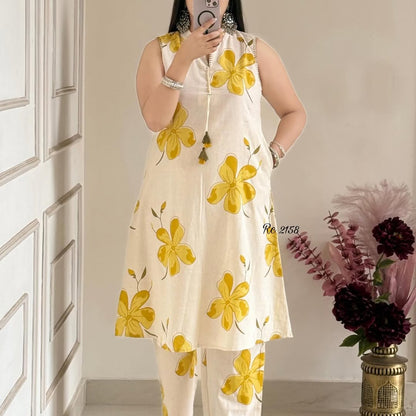 Pretty floral pant set Cotton khadi Kurti with palazzo Set