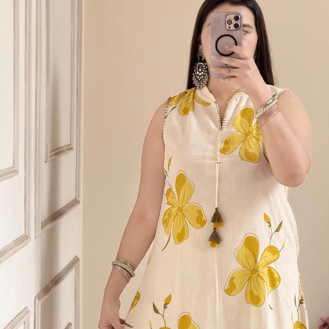 Pretty floral pant set Cotton khadi Kurti with palazzo Set