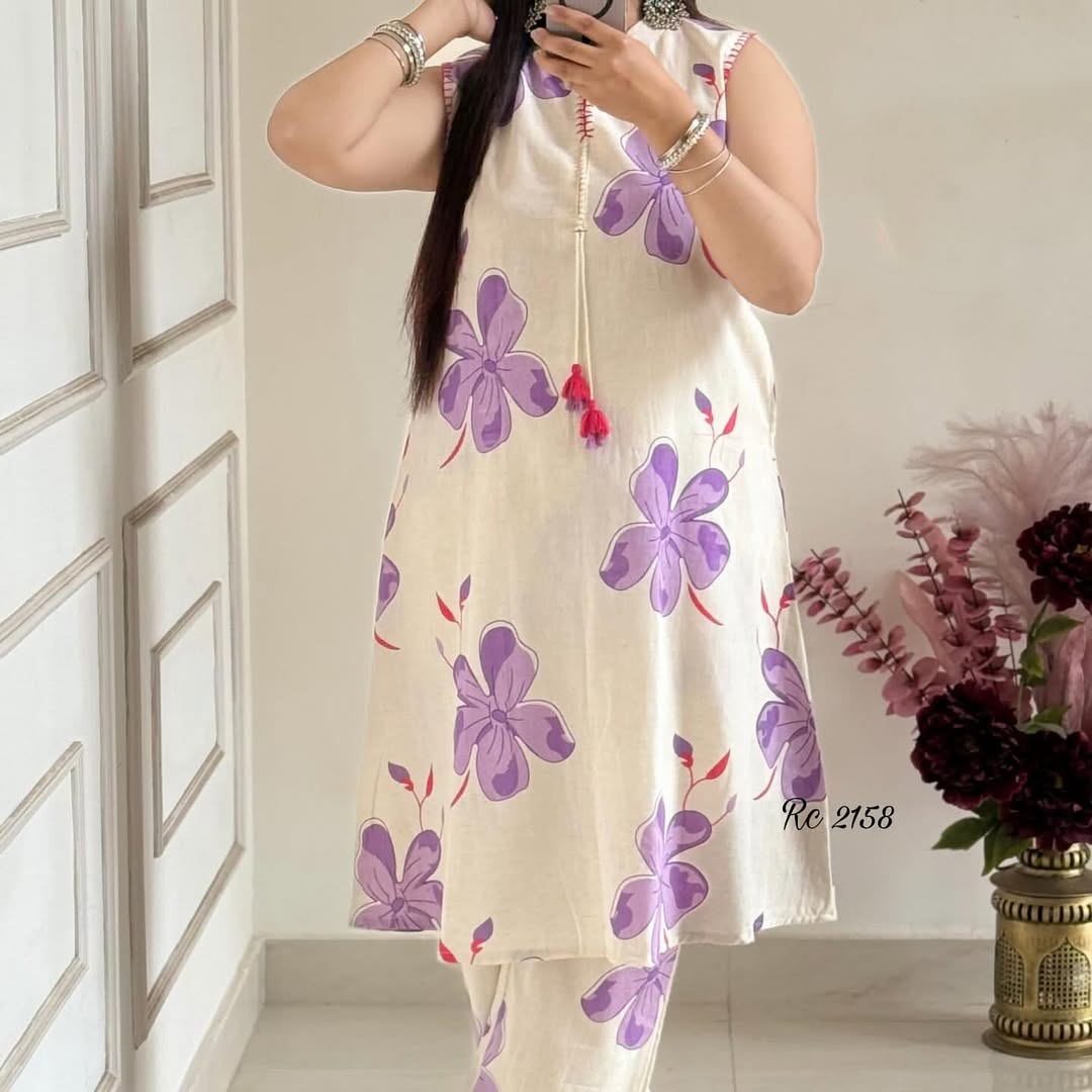 Pretty floral pant set Cotton khadi Kurti with palazzo Set