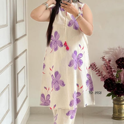Pretty floral pant set Cotton khadi Kurti with palazzo Set
