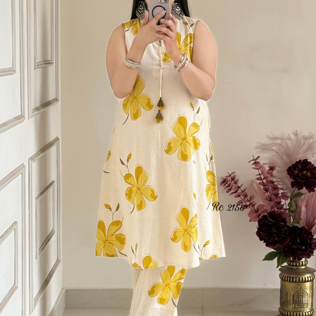 Pretty floral pant set Cotton khadi Kurti with palazzo Set