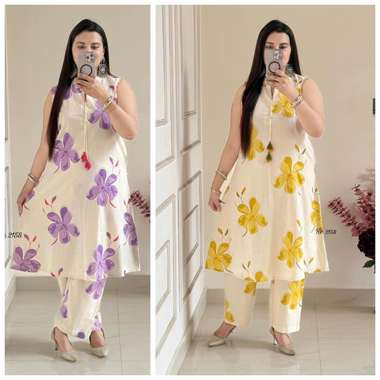 Pretty floral pant set Cotton khadi Kurti with palazzo Set