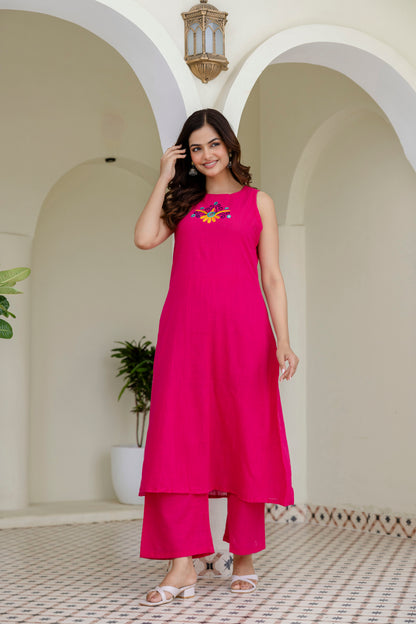 Pink embroidery sleeveless kurta pant set