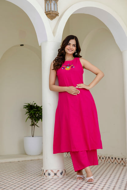 Pink embroidery sleeveless kurta pant set