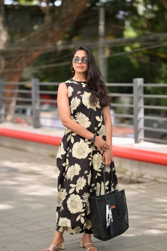 Taara - black - halter neck A line cotton kurta set in black