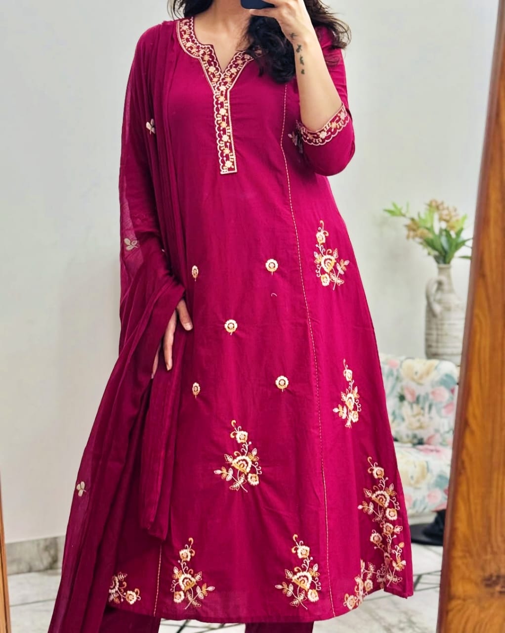 Elegant Wine Embroidered Kurta
Set with Dupatta
