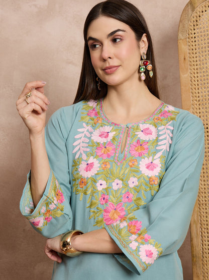 Tridha C In Maria Sky Blue Kashmiri Cotton Coord Set