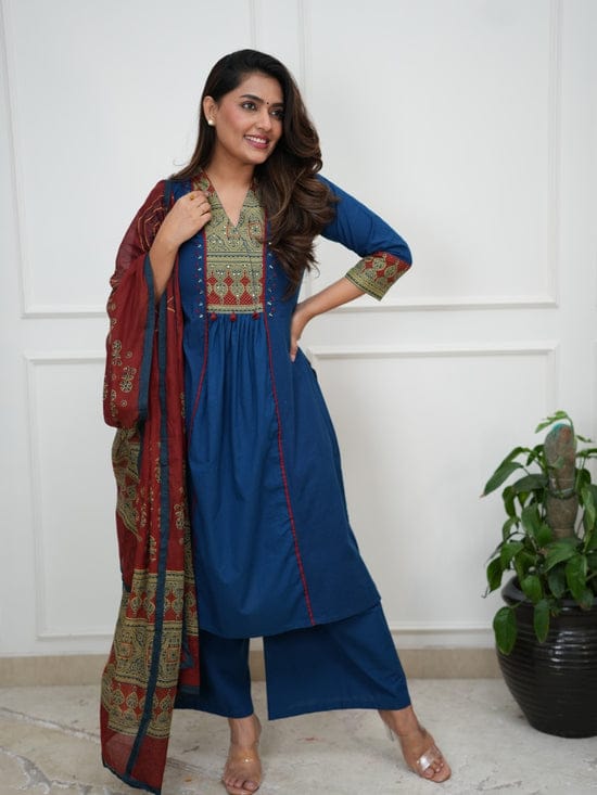 Women Cotton Anarkali Kurta Set with Mirror Work & Dupatta