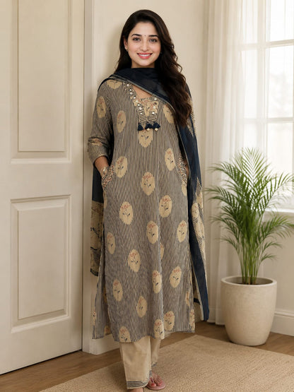 Elegant Beige & Navy Blue Printed Cotton Kurta Pant Set with Dupatta
