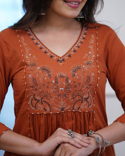 Rust Orange & Black Embroidered Kurta Set With Dupatta