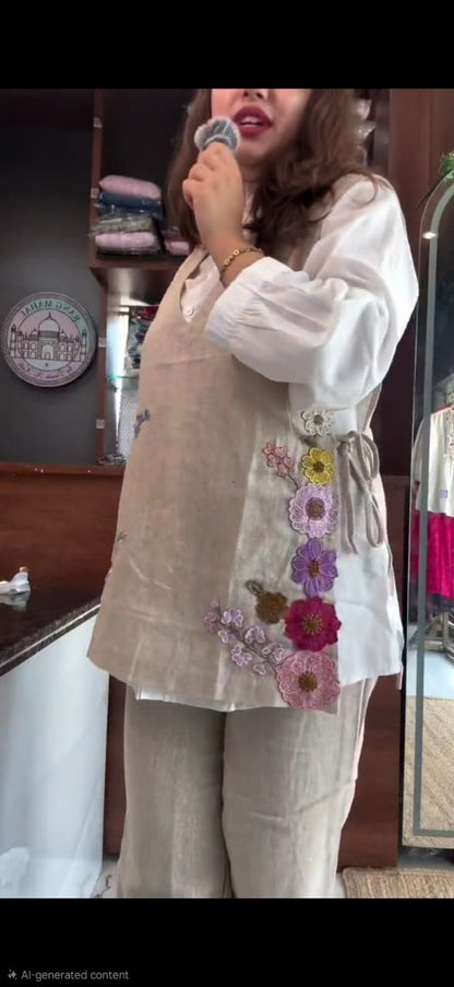 White Cotton Shirt With Beige Jute Linen Jacket Co-ord Set