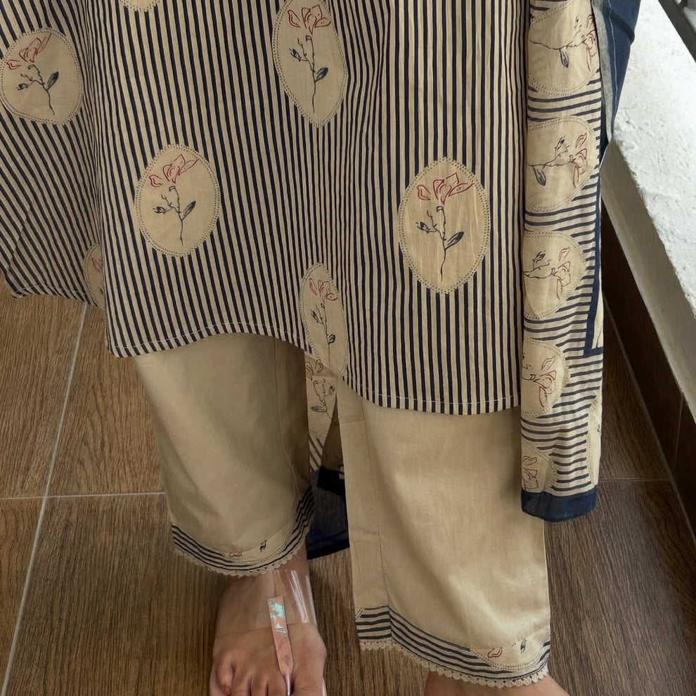 Elegant Beige & Navy Blue Printed Cotton Kurta Pant Set with Dupatta