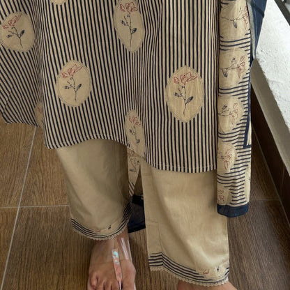 Elegant Beige & Navy Blue Printed Cotton Kurta Pant Set with Dupatta