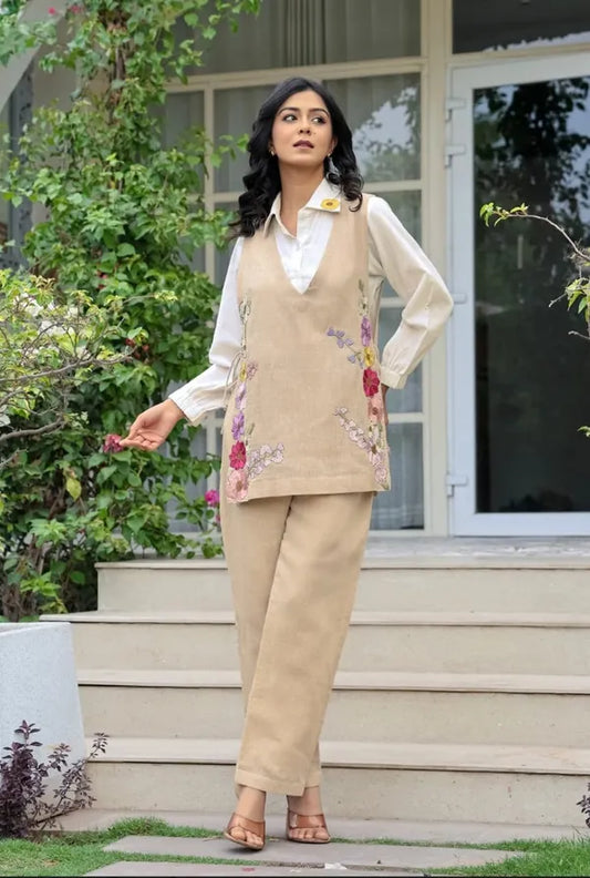 White Cotton Shirt With Beige Jute Linen Jacket Co-ord Set