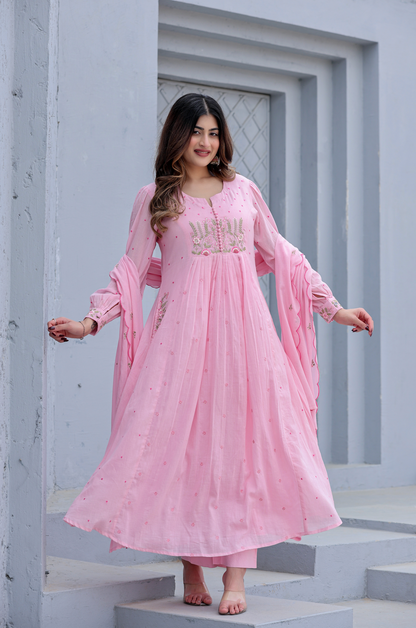 Women Pink Super Dyeing Cotton Embroidery Kurta Pant and Dupatta set