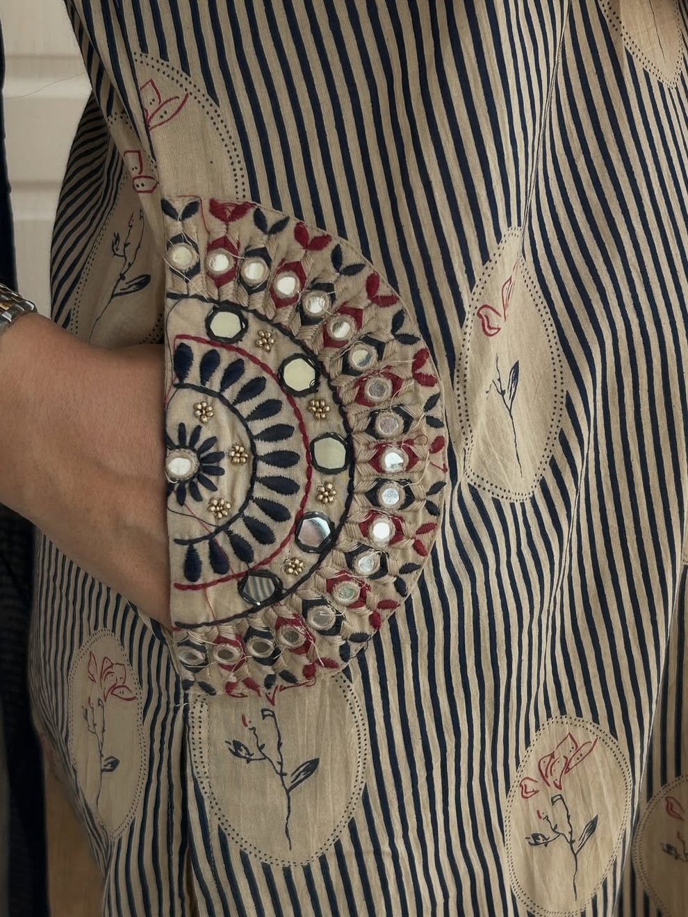 Elegant Beige & Navy Blue Printed Cotton Kurta Pant Set with Dupatta