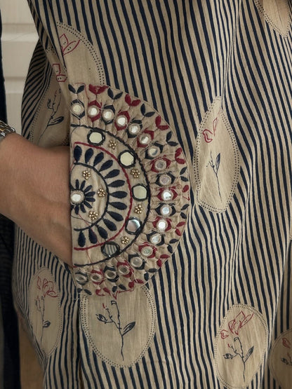 Elegant Beige & Navy Blue Printed Cotton Kurta Pant Set with Dupatta