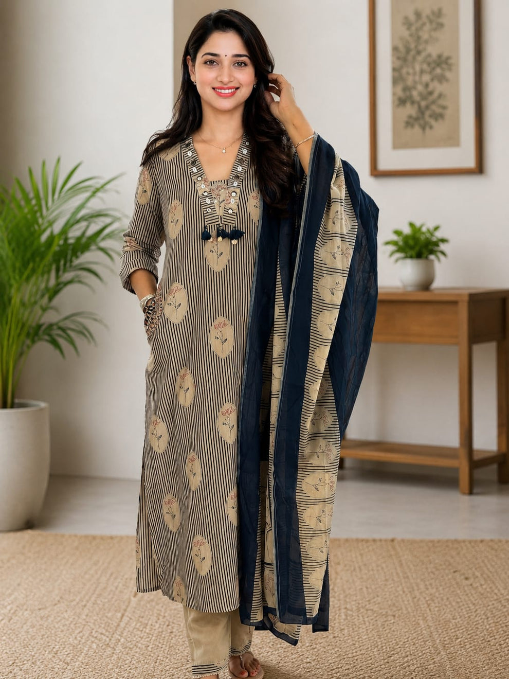 Elegant Beige & Navy Blue Printed Cotton Kurta Pant Set with Dupatta
