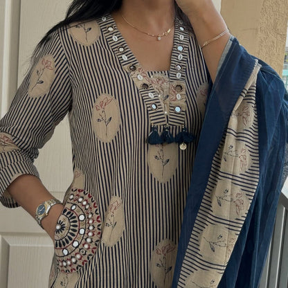 Elegant Beige & Navy Blue Printed Cotton Kurta Pant Set with Dupatta