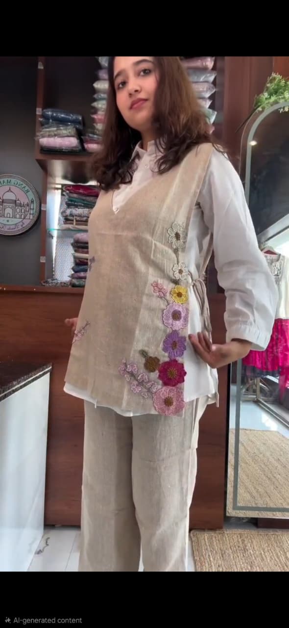 White Cotton Shirt With Beige Jute Linen Jacket Co-ord Set