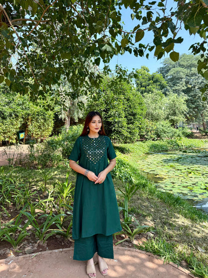 Green Mirror Work Kurta Pant Set – Festive & Ethnic Wear for Women