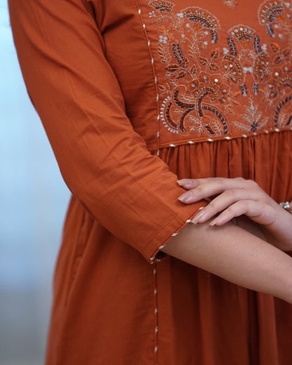Rust Orange & Black Embroidered Kurta Set With Dupatta