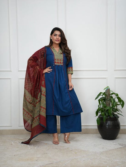 Women Cotton Anarkali Kurta Set with Mirror Work & Dupatta