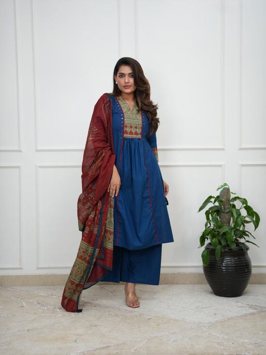 Women Cotton Anarkali Kurta Set with Mirror Work & Dupatta