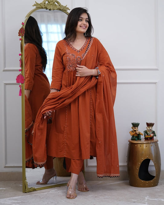 Rust Orange & Black Embroidered Kurta Set With Dupatta