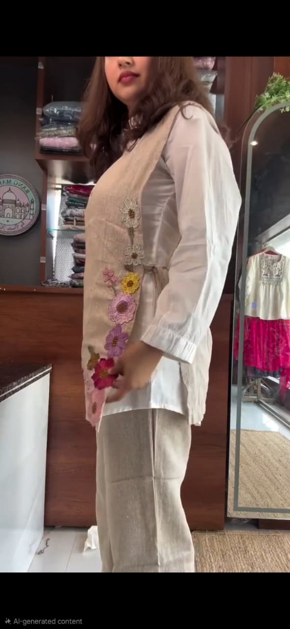 White Cotton Shirt With Beige Jute Linen Jacket Co-ord Set