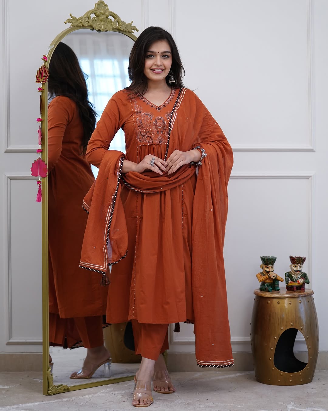 Rust Orange & Black Embroidered Kurta Set With Dupatta