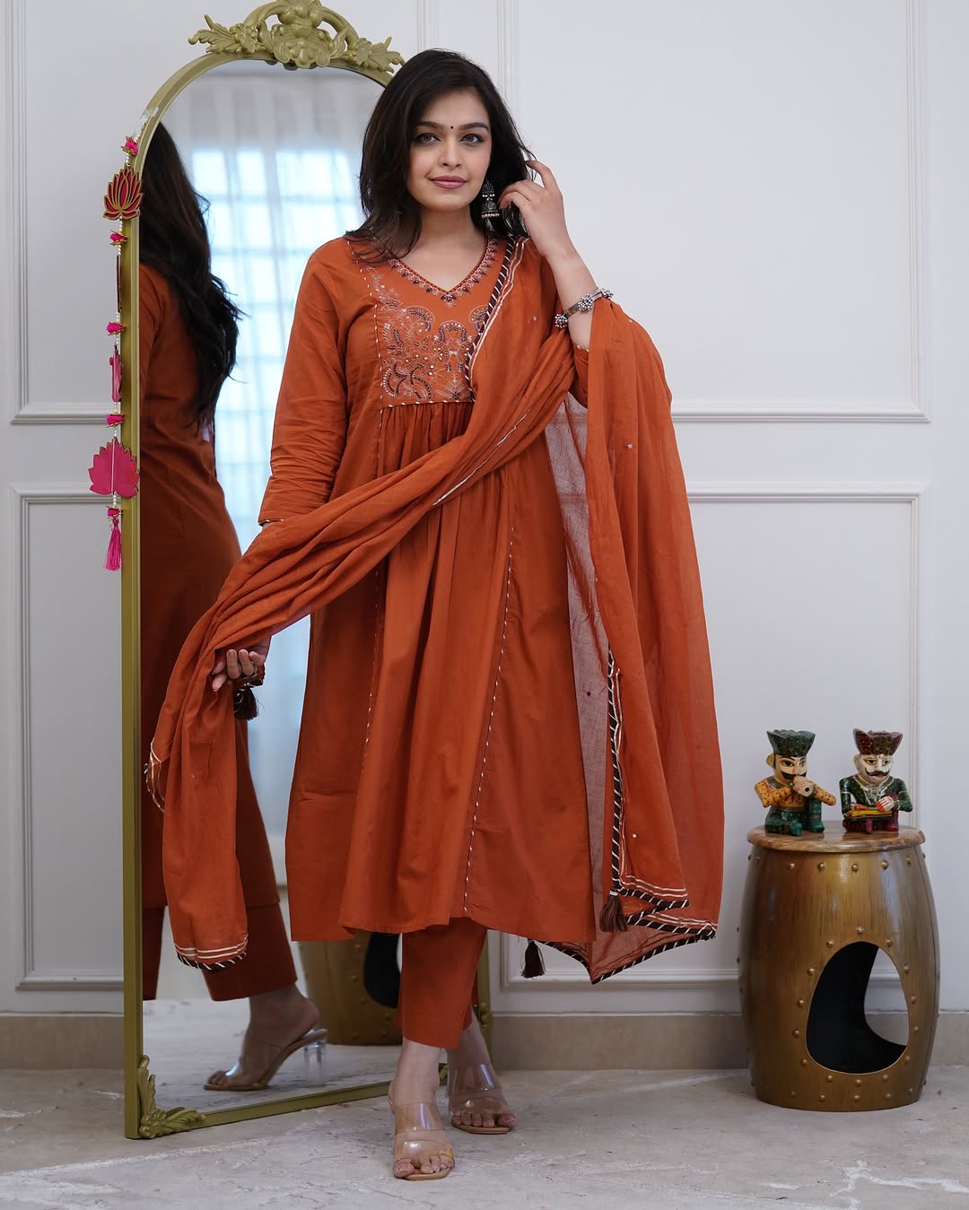 Rust Orange & Black Embroidered Kurta Set With Dupatta