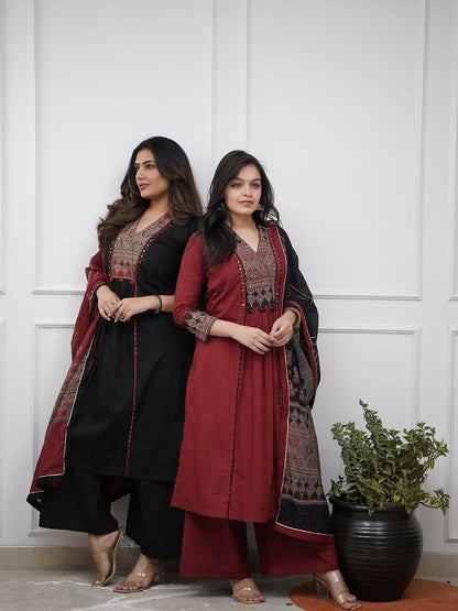 Women Cotton Anarkali Kurta Set with Mirror Work & Dupatta