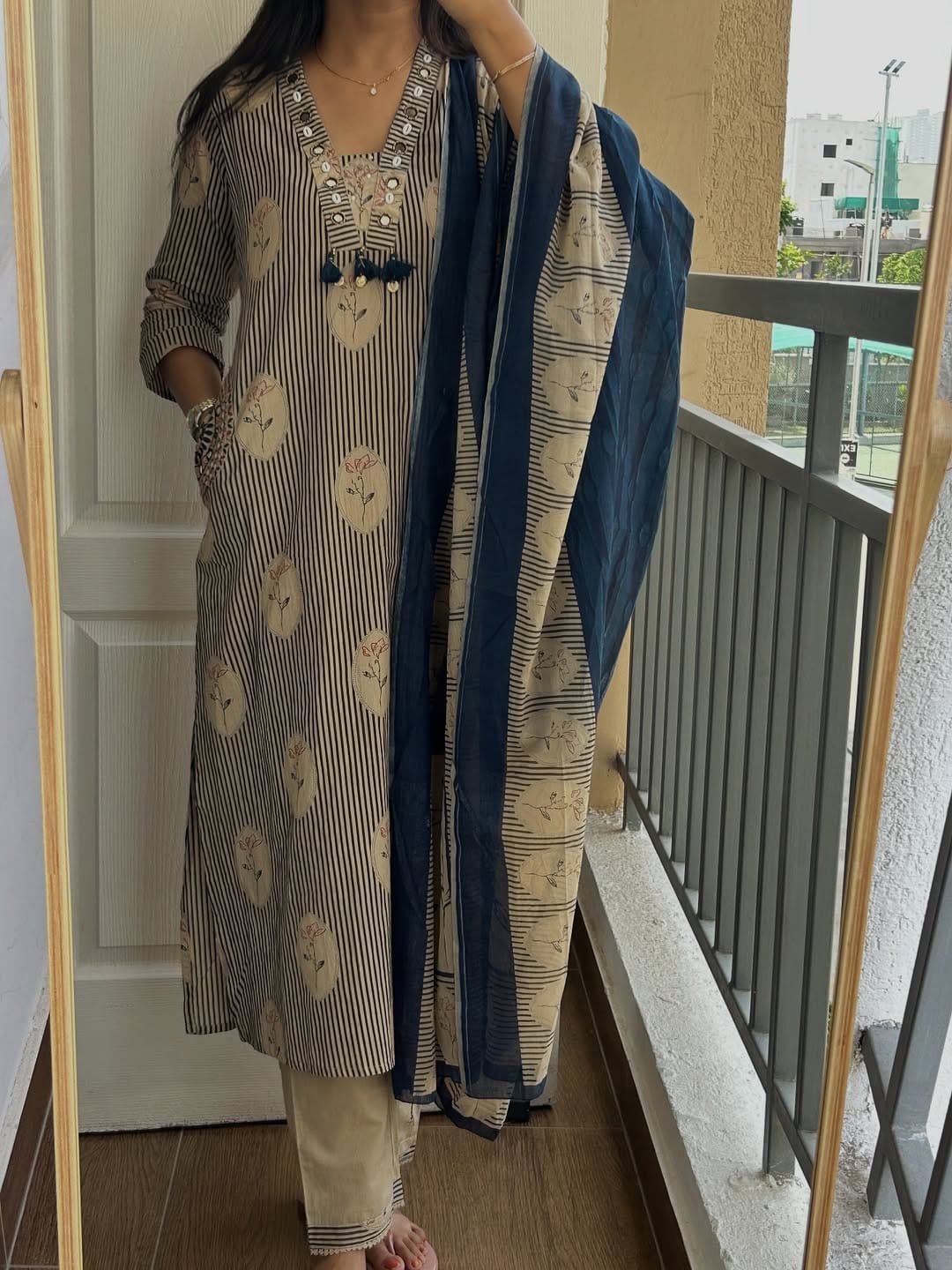 Elegant Beige & Navy Blue Printed Cotton Kurta Pant Set with Dupatta