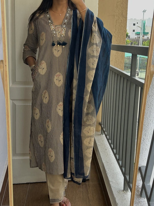 Elegant Beige & Navy Blue Printed Cotton Kurta Pant Set with Dupatta