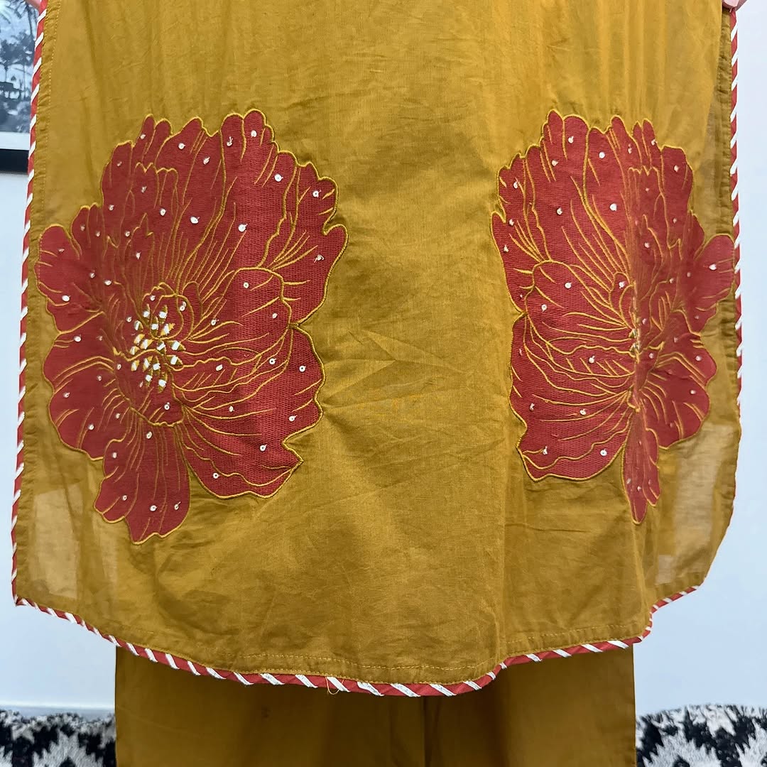 Festive Gulhad Wear

Machine sequin embroidered A line kurta with embroidered lace with lace detailed palazzo printed cotton dupatta