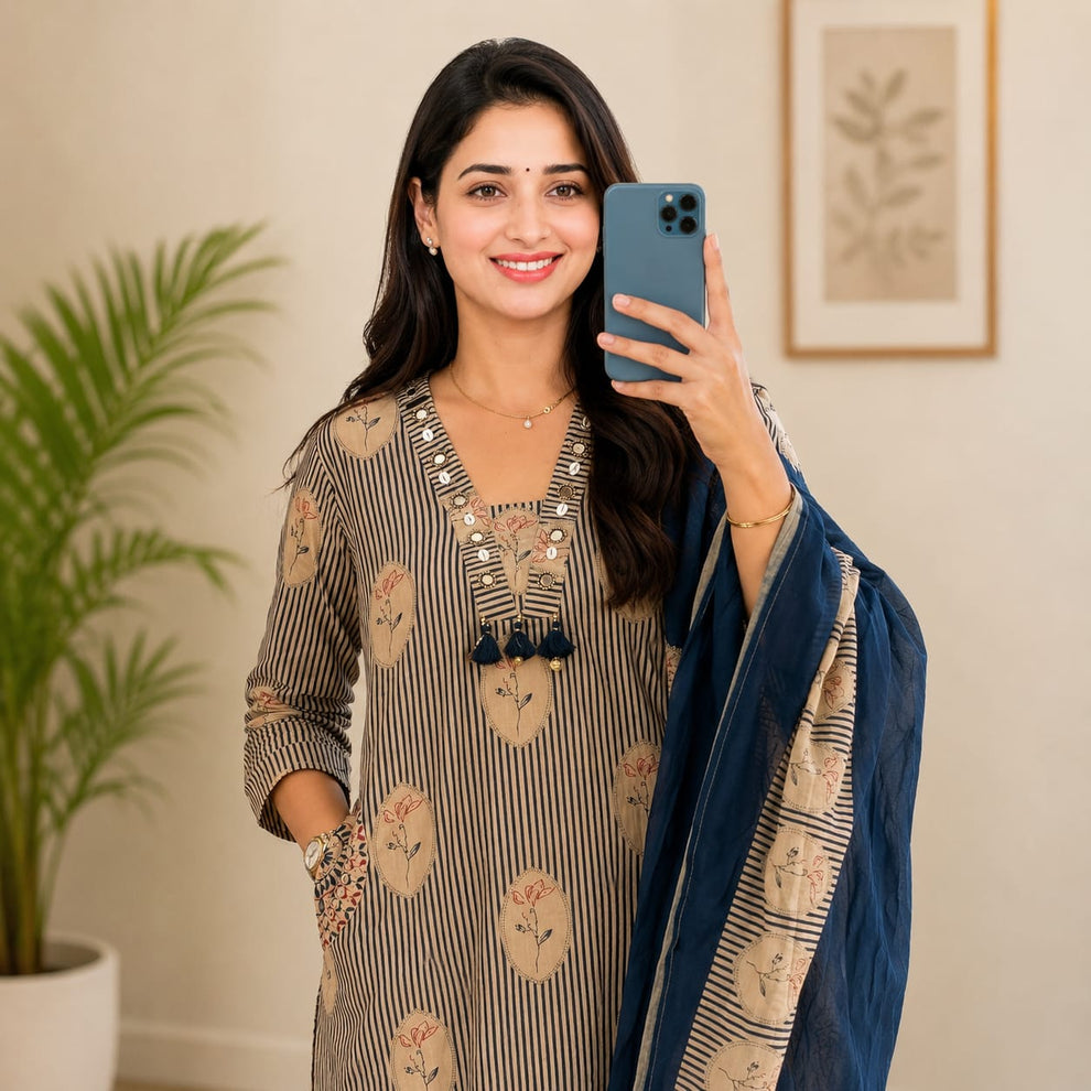 Elegant Beige & Navy Blue Printed Cotton Kurta Pant Set with Dupatta